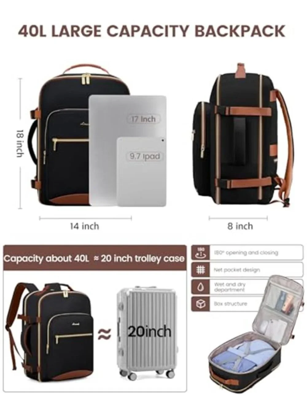 40L Carry On Travel Backpack Airline Approved Personal Item Bag Packing Cubes